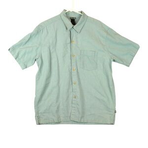 REI Short Sleeve Button Shirt Mens Large Green Front Pocket Outdoors Hemp Blend